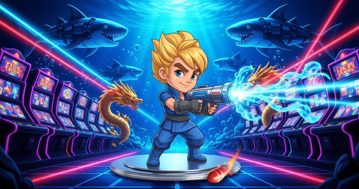Multiplayer fish table game interface showing glowing cannons and sea creatures